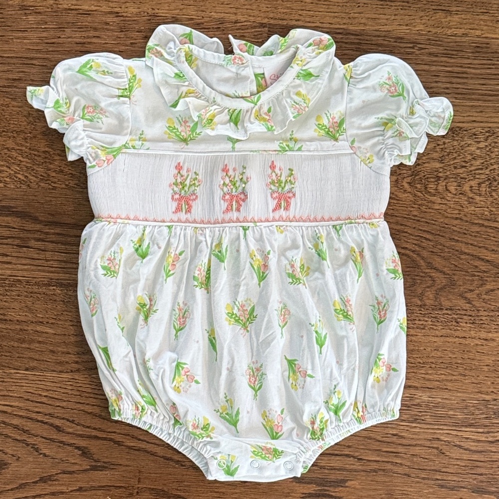 Beautiful Bouquet’s Stitchy Fish Floral Smocked Embroidered Bubble Romper